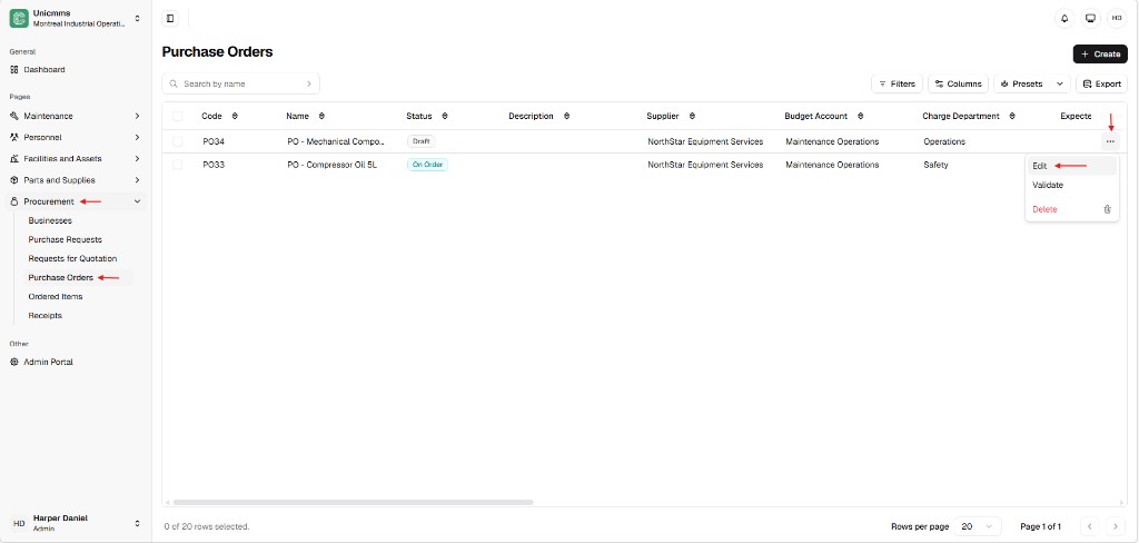 Purchase Orders list with row actions menu open showing Edit, Validate, and Delete