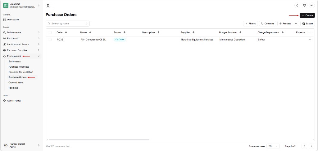 Purchase Orders list with Procurement navigation and + Create button