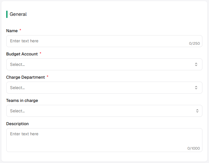 Purchase Order General section: Name, Budget Account, Charge Department, Teams in charge, Description