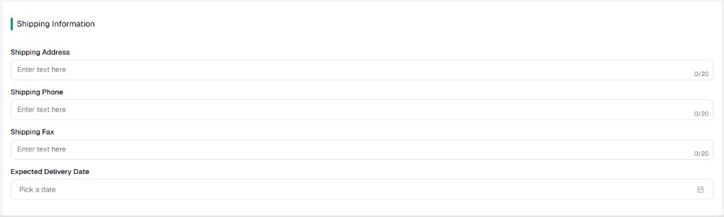 Shipping Information: address, phone, fax, Expected Delivery Date picker