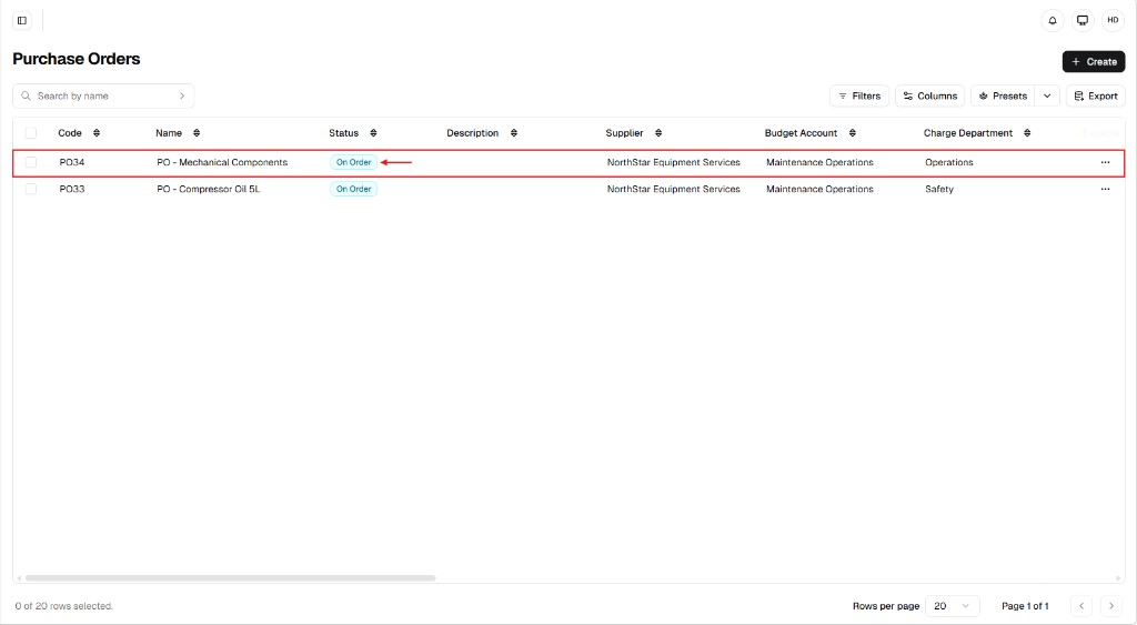 Purchase Orders list showing On Order status badges for validated POs