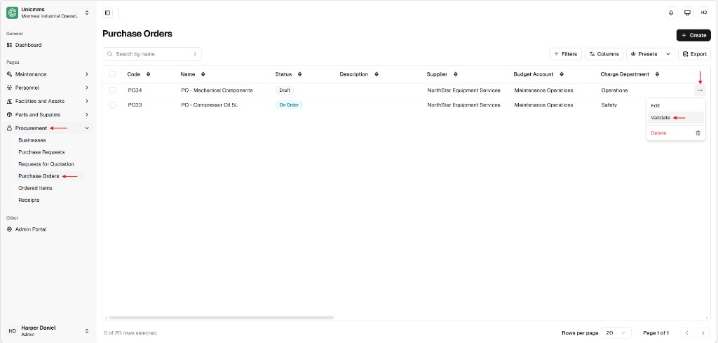 Purchase Orders list with Draft PO row menu open on Validate