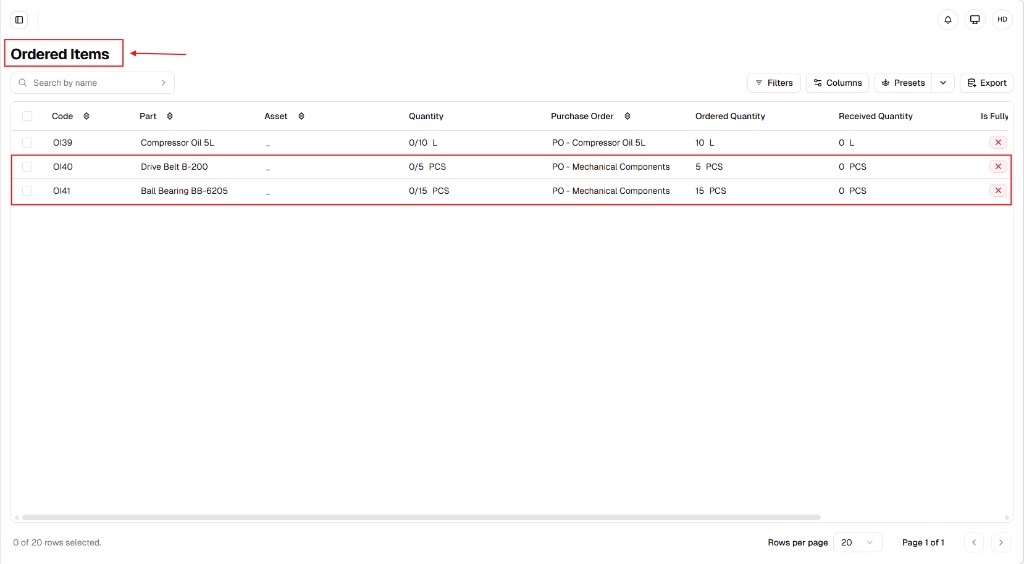 Ordered Items list showing rows tied to PO Mechanical Components with quantities