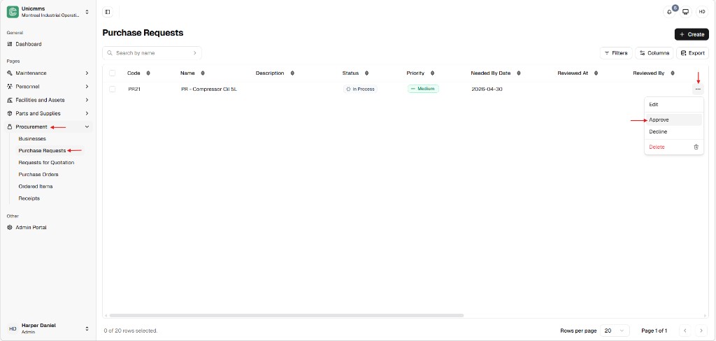 Purchase Requests list with row menu showing Edit, Approve, Decline, Delete