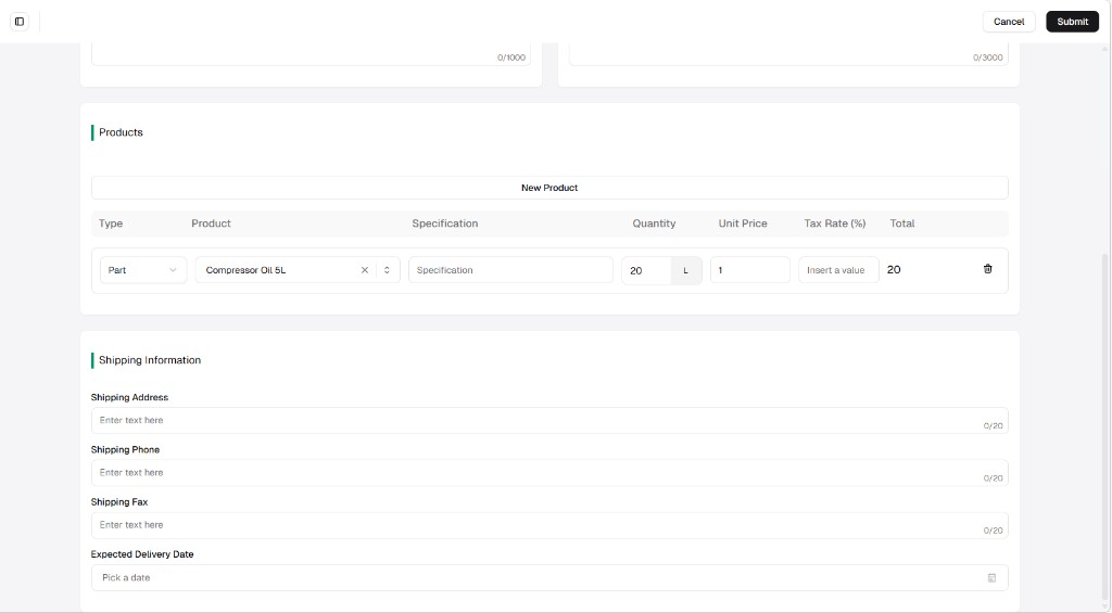 PO form Products table and Shipping Information section