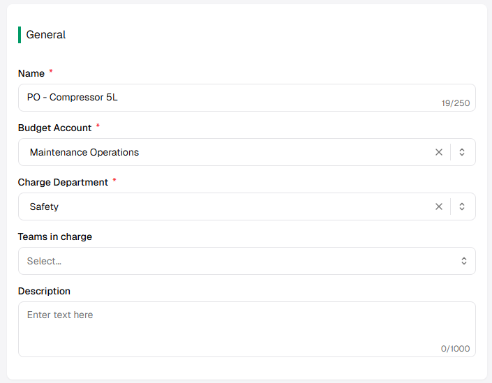 General section: Name, Budget Account, Charge Department, Teams in charge, Description