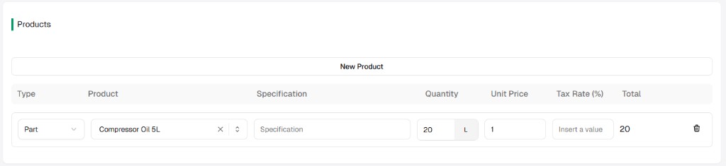 Products section on PO form: Type, Product, Specification, Quantity, Unit Price, Tax Rate, Total