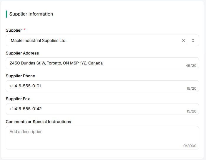 Supplier Information: Supplier dropdown, address, phone, fax, comments