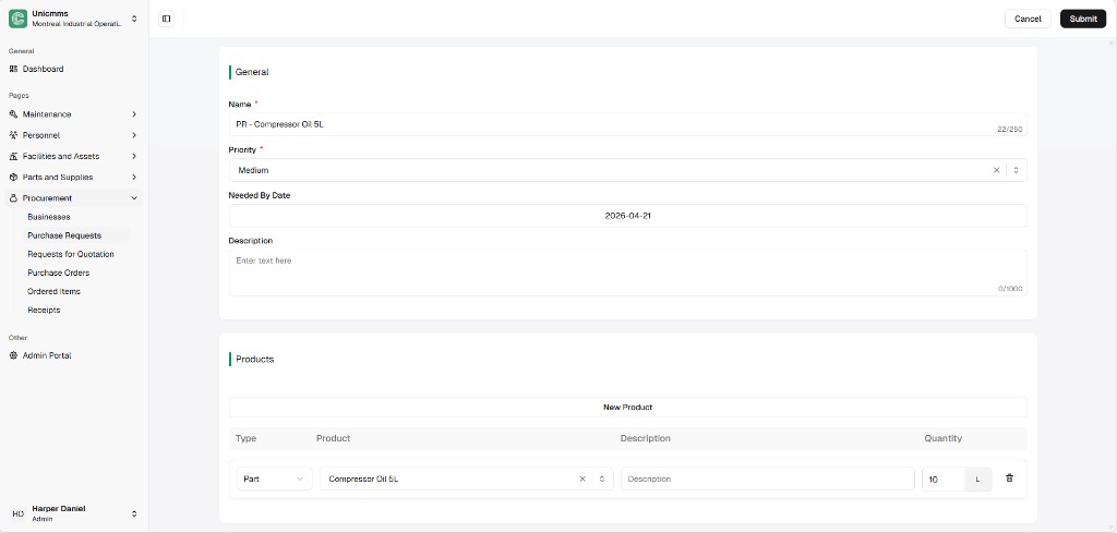Create Purchase Request form with Cancel and Submit, General and Products sections