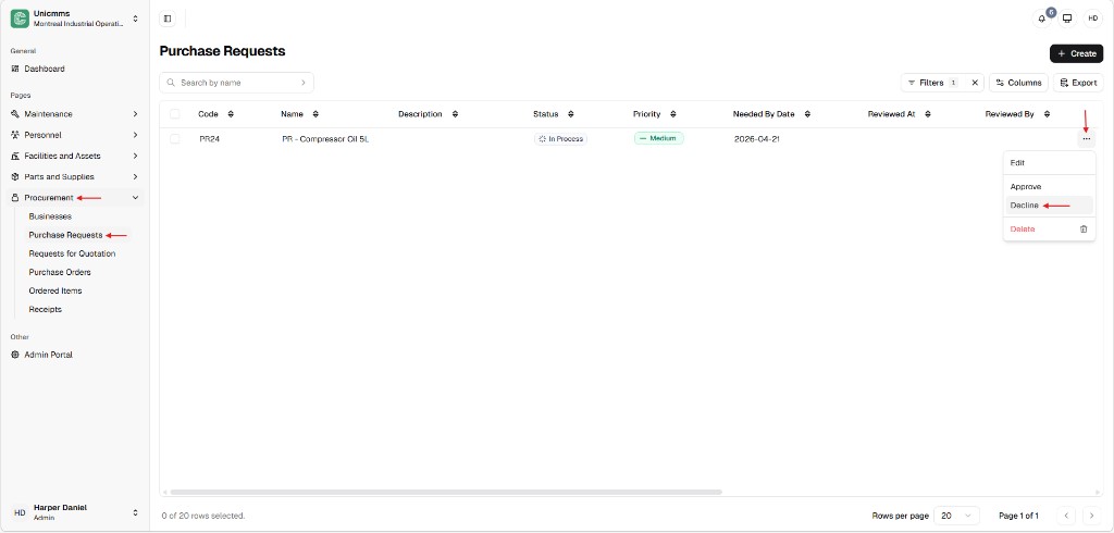 Purchase Requests list with row menu showing Edit, Approve, Decline, Delete