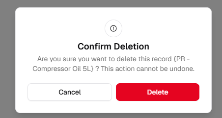 Confirm Deletion modal with warning icon, message naming the record, Cancel and Delete buttons