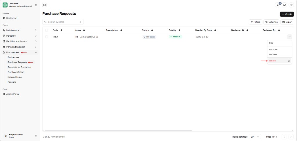 Purchase Requests list with row menu open showing Edit, Approve, Decline, and red Delete with trash icon