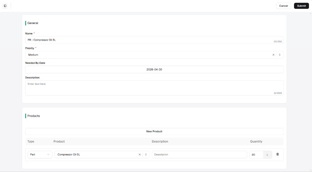 Purchase Request edit form with General and Products sections, Cancel and Submit