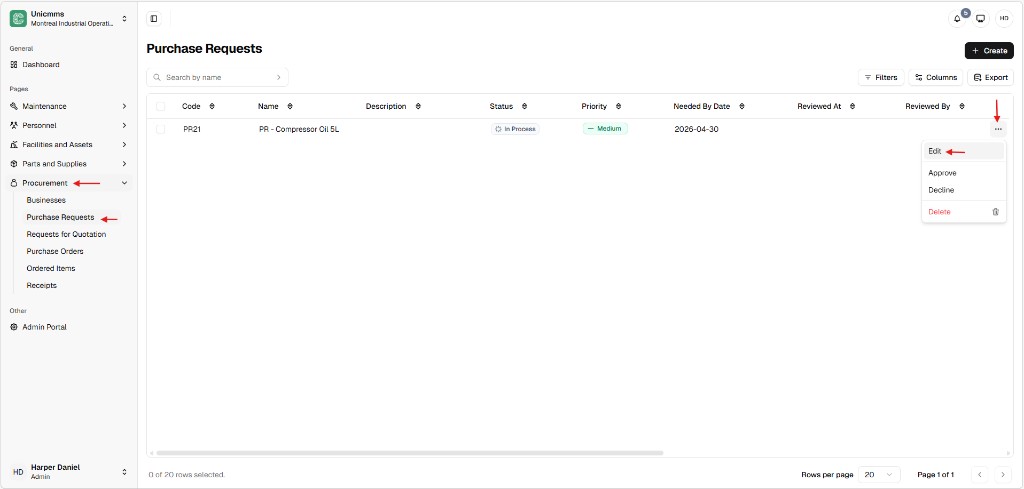 Purchase Requests list with row more menu open showing Edit, Approve, Decline, Delete