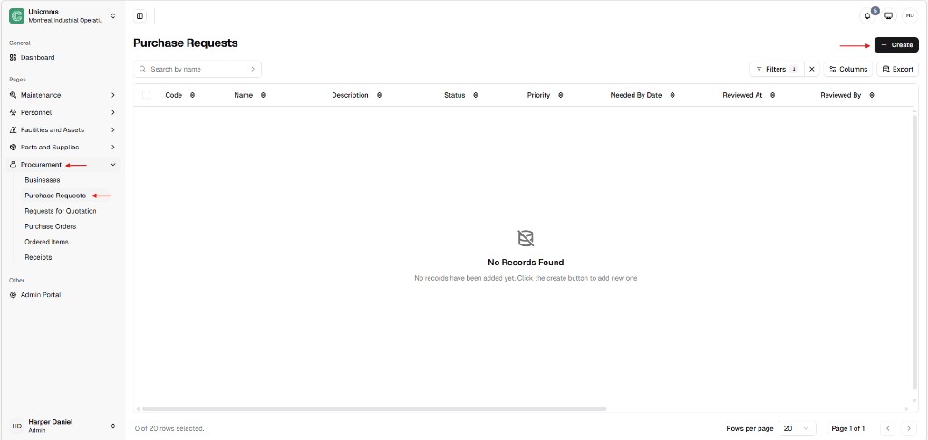 Purchase Requests list with Procurement navigation, empty table, and + Create button