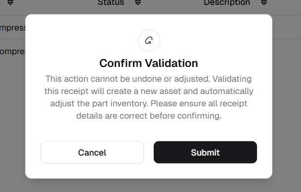 Confirm Validation modal with warning about inventory and irreversible action