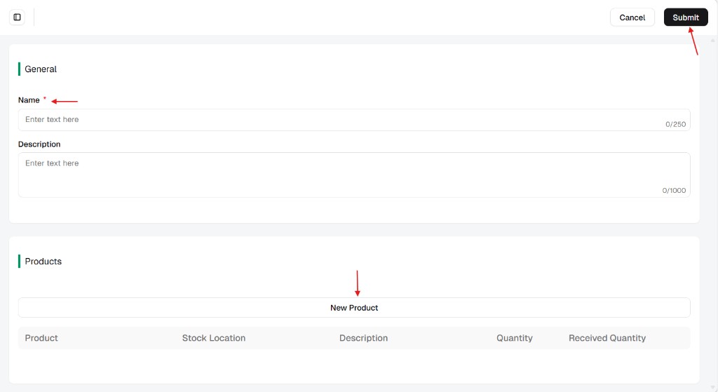 Create receipt form with General Name and Description and Products section with New Product