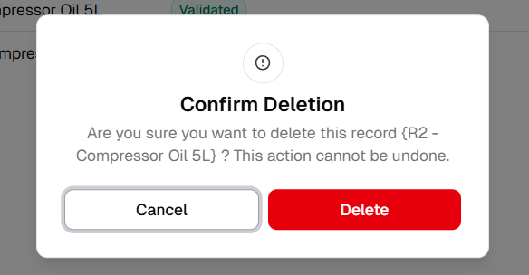 Confirm deletion modal with Cancel and red Delete for a receipt