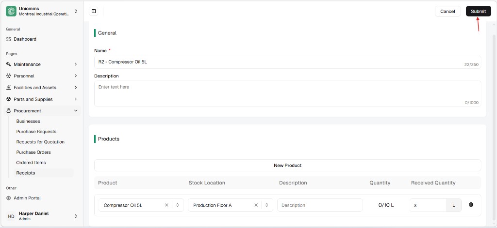 Edit receipt form with General section and Products line with stock location and received quantity