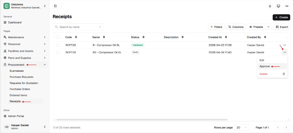 Receipts list with Draft row menu open showing Edit Approve and Delete
