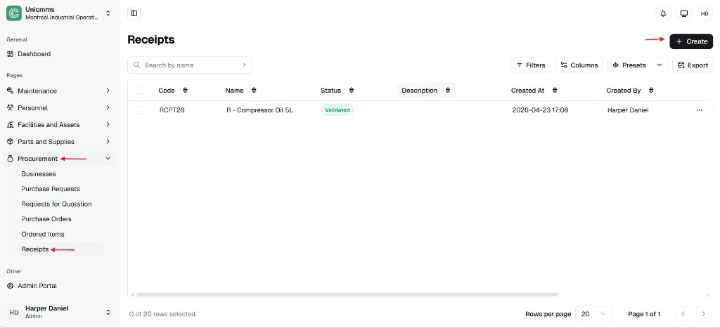 Receipts list under Procurement with Create button and example rows
