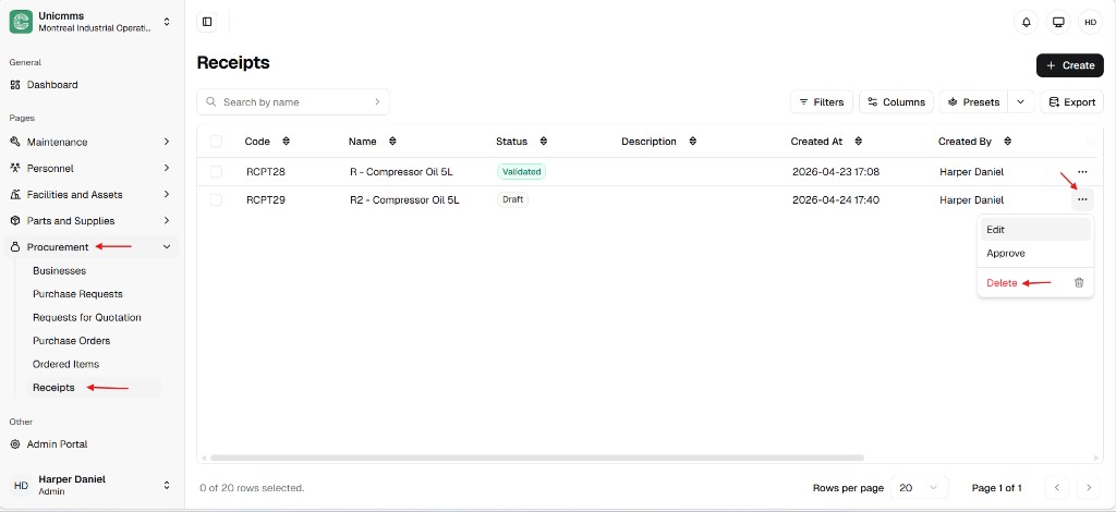 Receipts list with Draft row menu open showing Edit Approve and Delete