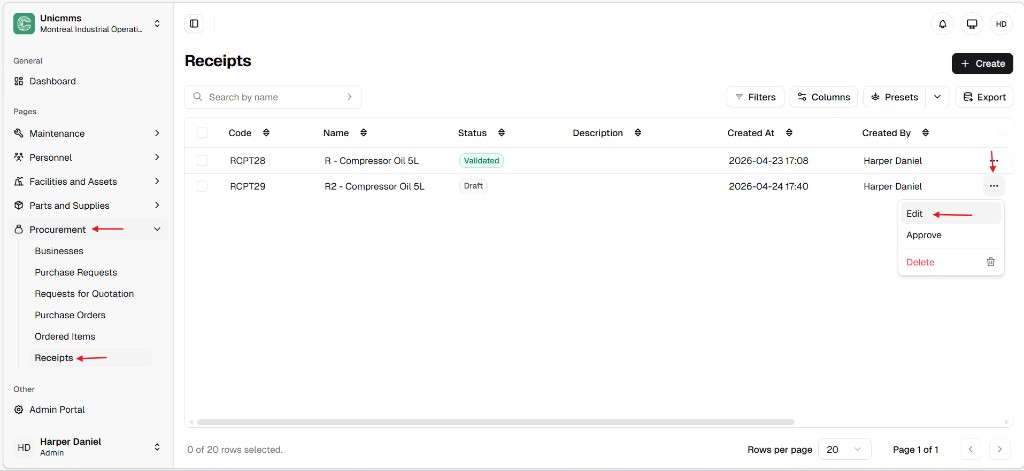 Receipts list with Draft row menu open showing Edit Approve Delete