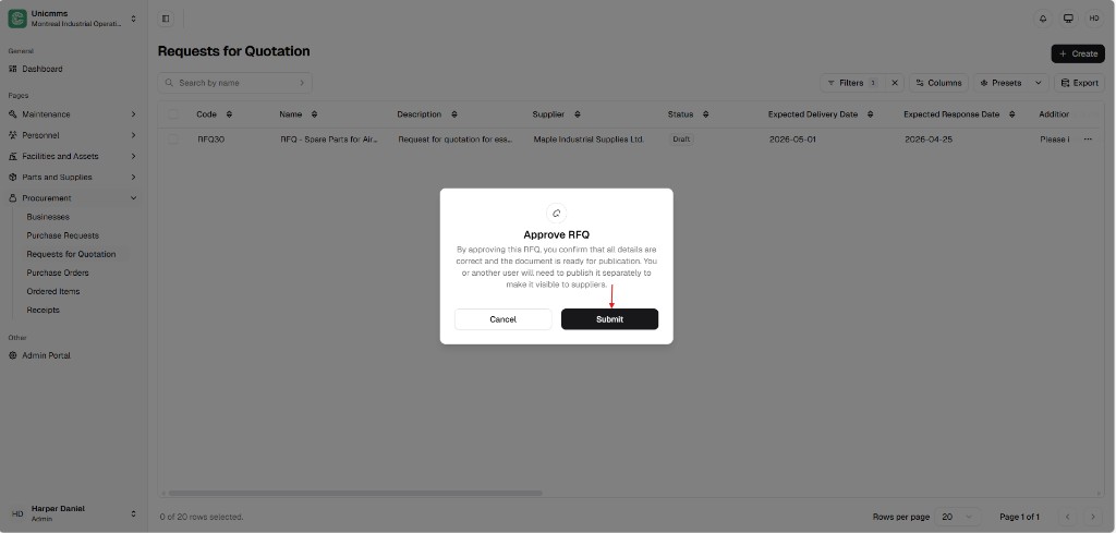 Approve RFQ modal with confirmation text and Cancel and Submit buttons