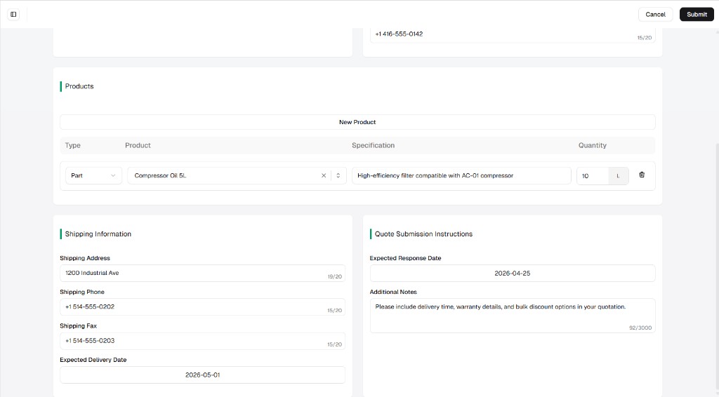 RFQ form Products, Shipping Information, and Quote Submission Instructions