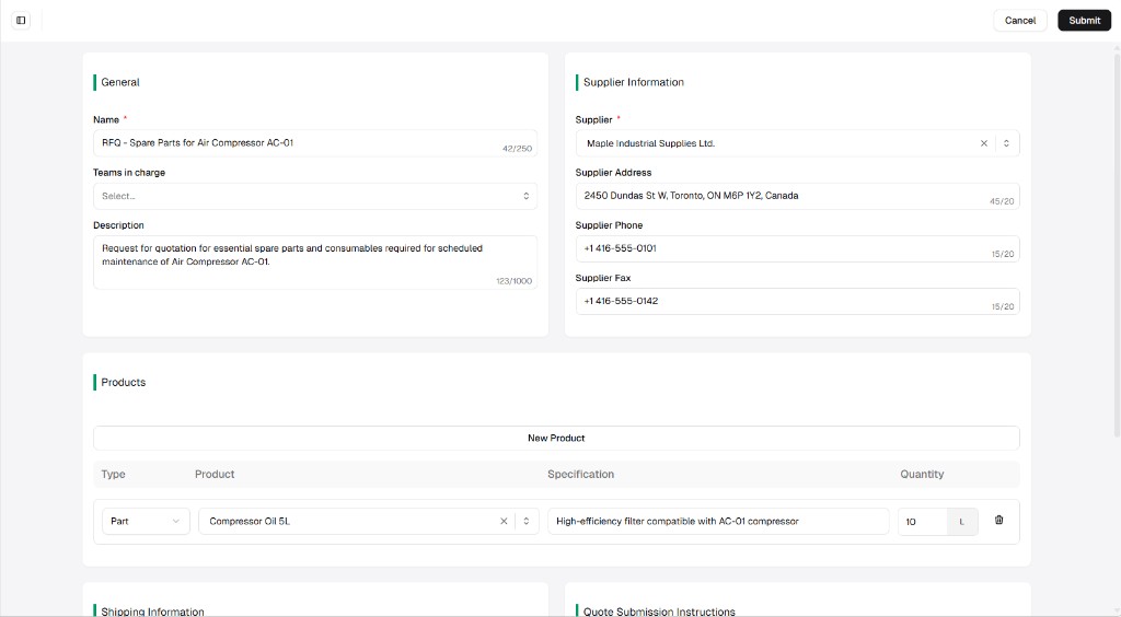 RFQ create form with Cancel and Submit, General and Supplier Information sections