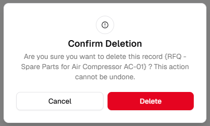 Confirm Deletion modal naming the RFQ and offering Cancel and Delete