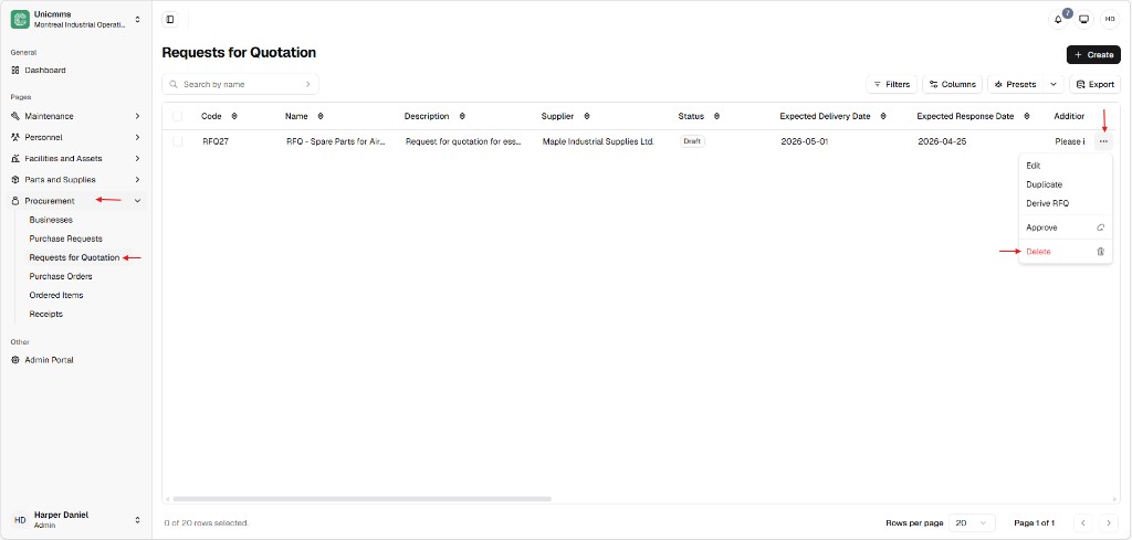 Requests for Quotation list with row menu open showing Edit, Duplicate, Derive RFQ, Approve, and red Delete
