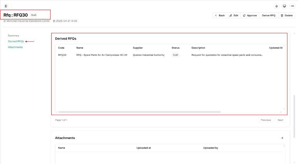 RFQ30 detail page with Derived RFQs selected showing table with linked RFQ33