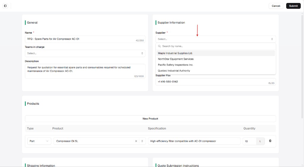 Derived RFQ form with Supplier dropdown open and General and Products prefilled