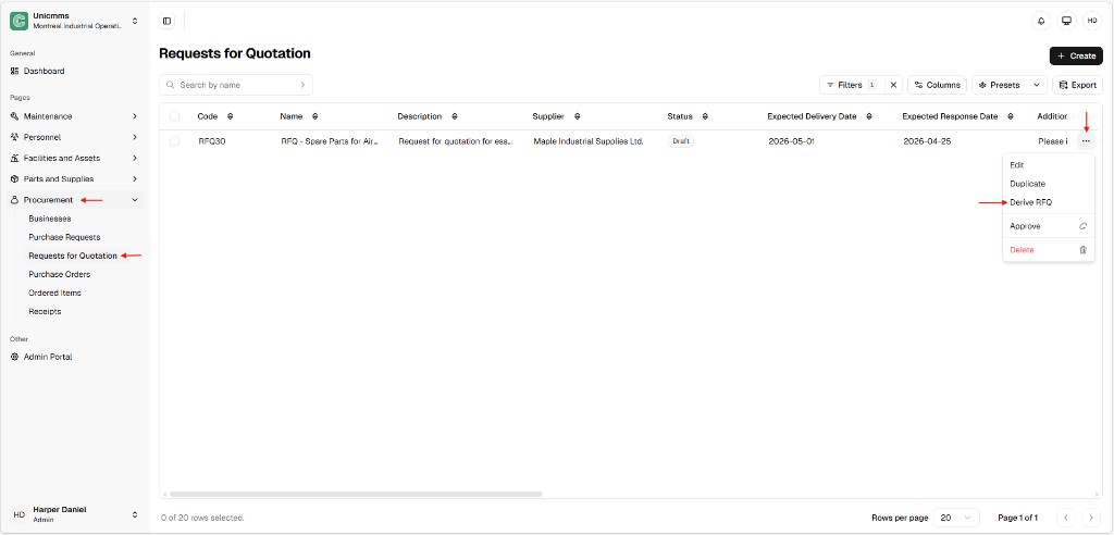 Requests for Quotation list with row menu showing Derive RFQ among Edit, Duplicate, Approve, Delete