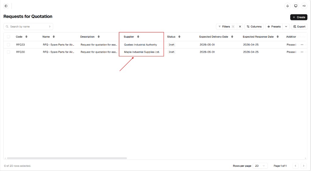 RFQ list showing RFQ33 for Quebec Industrial Authority and RFQ30 for Maple Industrial Supplies with same name and dates