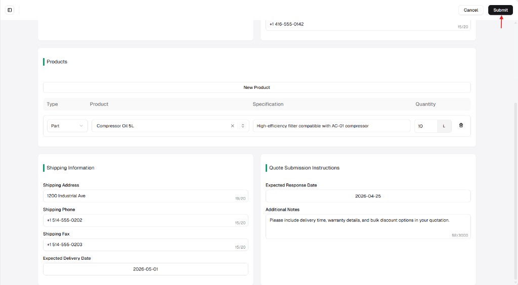 Edit RFQ form showing Products, Shipping Information, Quote Submission Instructions, and Submit
