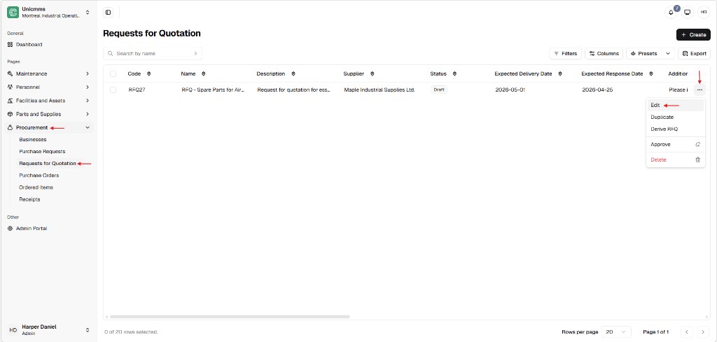 Requests for Quotation list with row more menu showing Edit, Duplicate, Derive RFQ, Approve, and Delete