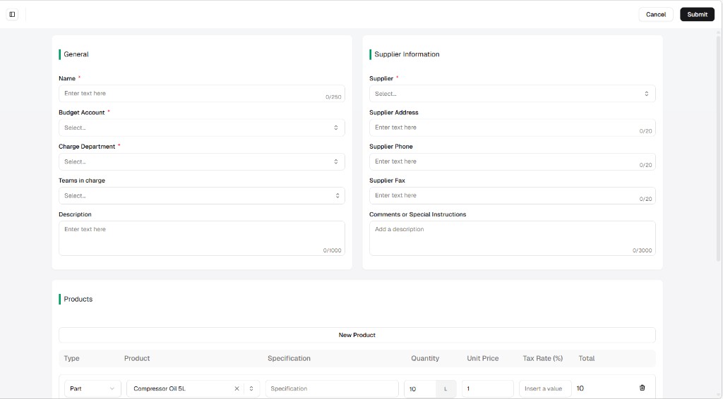 Create Purchase Order form with General, Supplier Information, and Products prefilled from RFQ