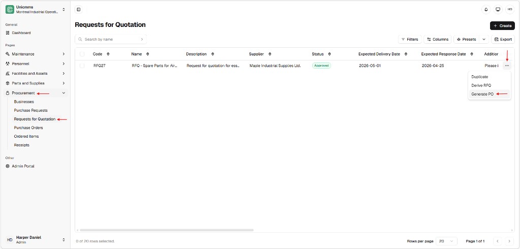 Requests for Quotation list with Approved RFQ and row menu showing Duplicate, Derive RFQ, and Generate PO