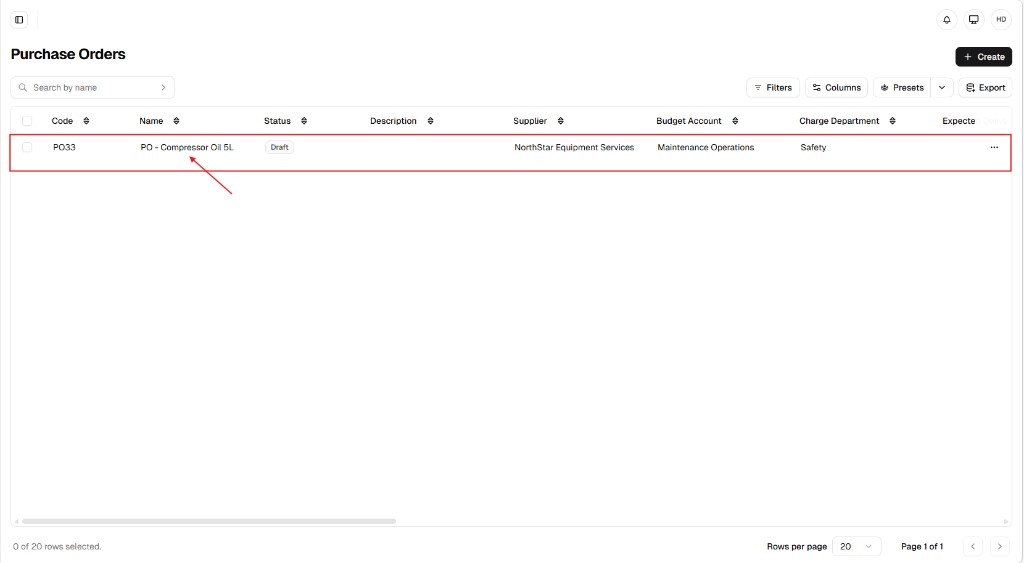 Purchase Orders list showing new Draft PO with supplier and budget columns