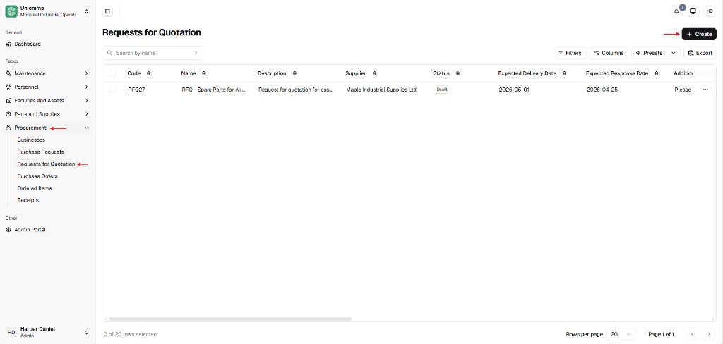 Requests for Quotation list with Create and table columns including Status Draft