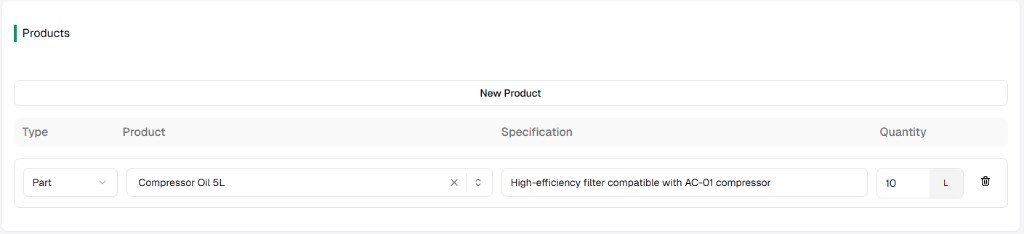RFQ Products: New Product, Type, Product, Specification, Quantity and unit, delete row