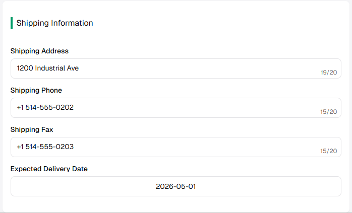 RFQ Shipping Information: address, phone, fax, expected delivery date