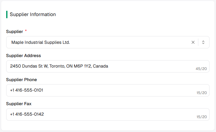 RFQ Supplier Information: Supplier dropdown, address, phone, fax